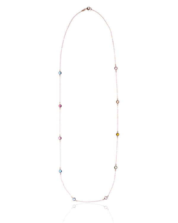 Long necklace with multicolor crystals in rose gold