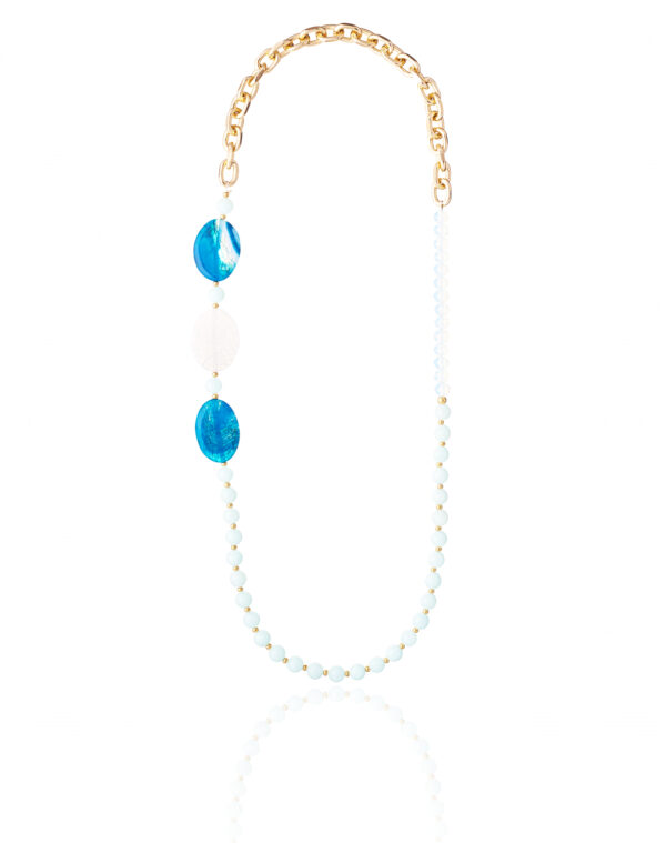 Pale blue jade necklace with agate stones and gold chain on a white background