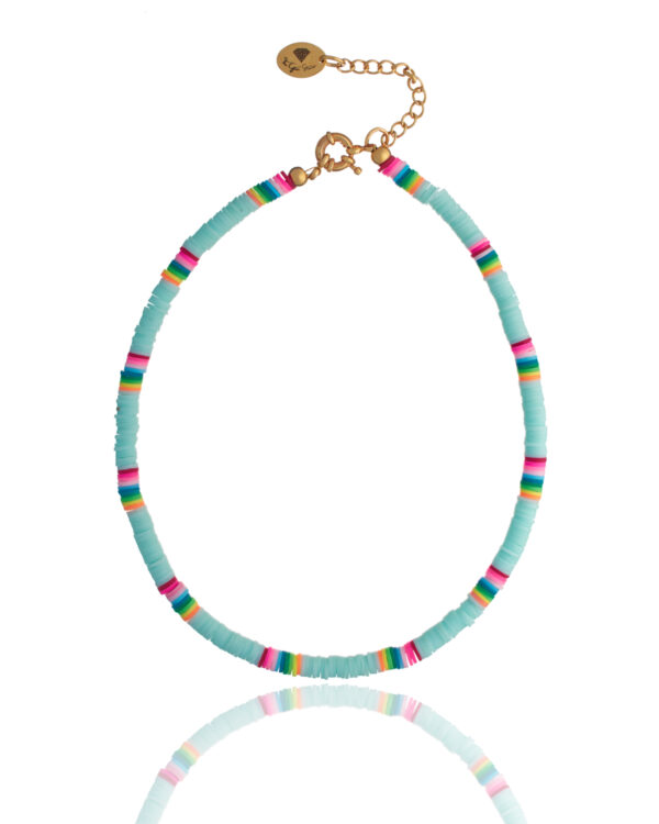 Pale blue surf necklace on display