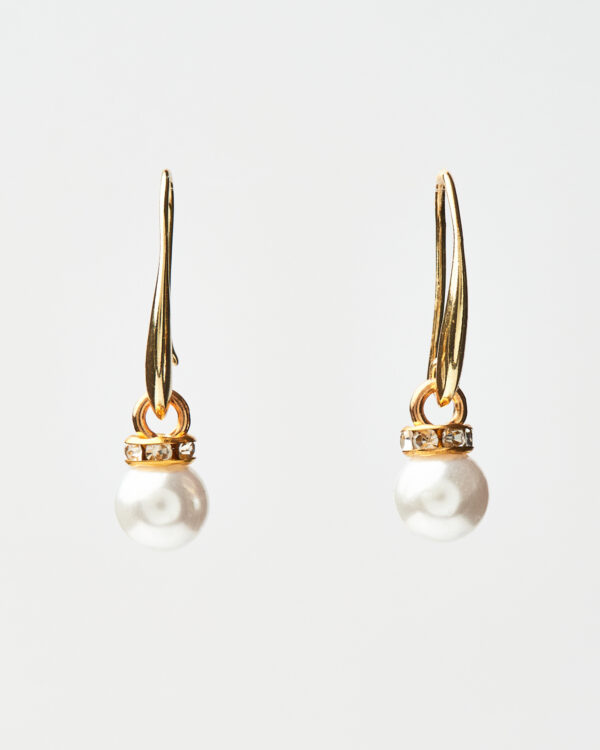 White Pearl Drop Earrings with Gold and Crystal Accents