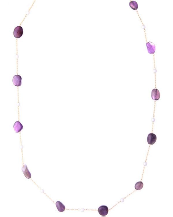 Delicate amethyst rosary necklace with irregularly shaped amethyst beads