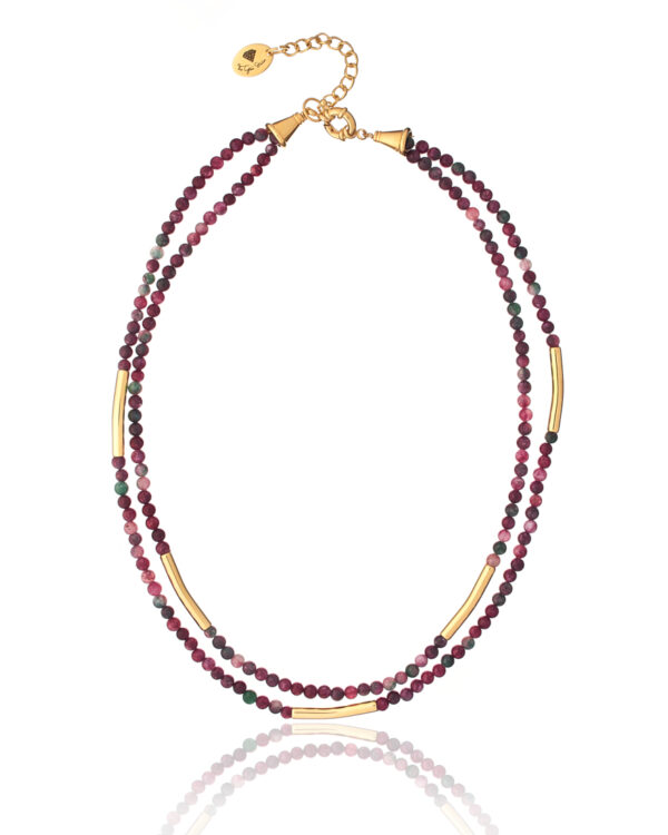 Double-strand agate necklace in shades of red with gold accents