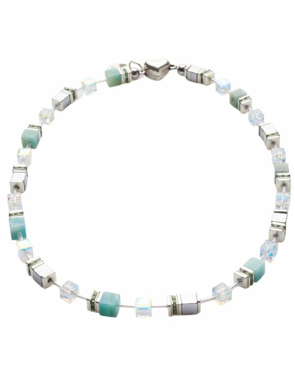 Amazonite necklace with cube-shaped amazonite beads and silver accents.