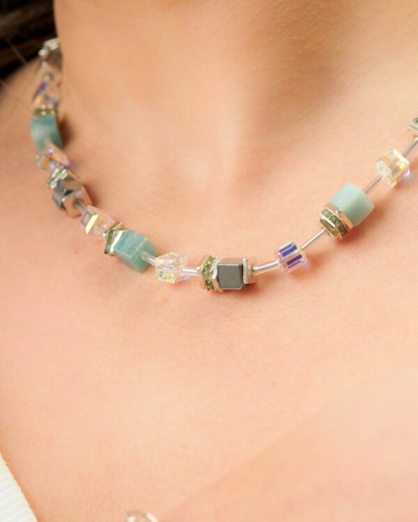 Amazonite necklace with cube-shaped beads and silver elements.