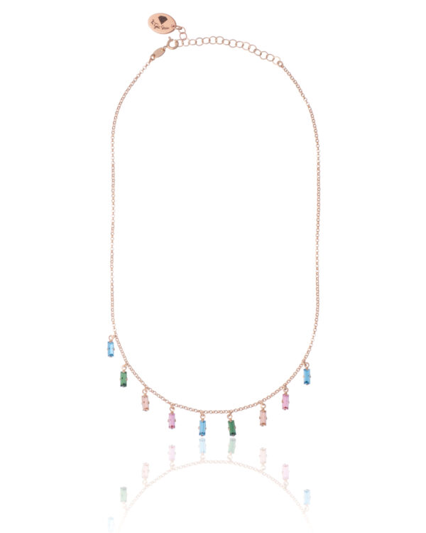 Rose gold necklace with rectangle multicolor crystals