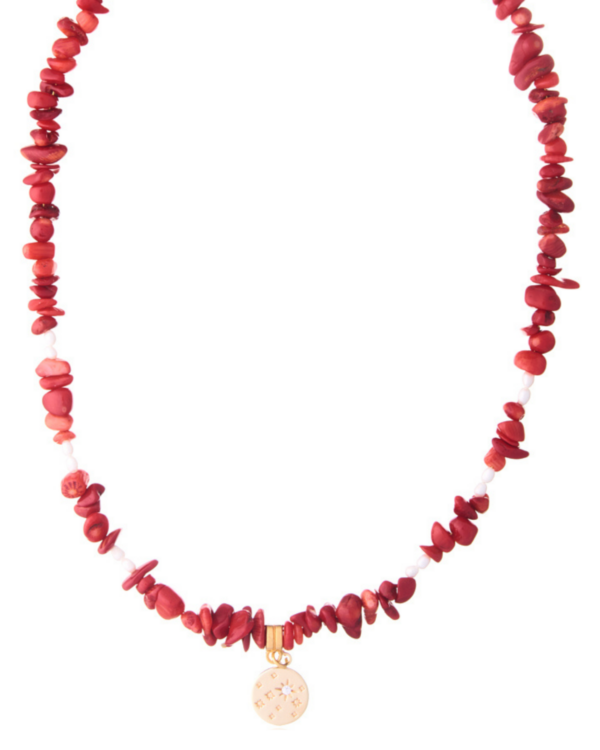 Red Coral Chips Necklace with Gold Pendant
