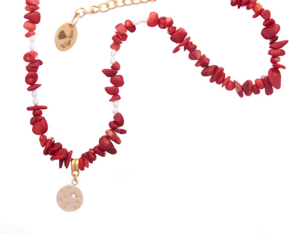 Close-up of Red Coral Chips Necklace with Gold Pendant