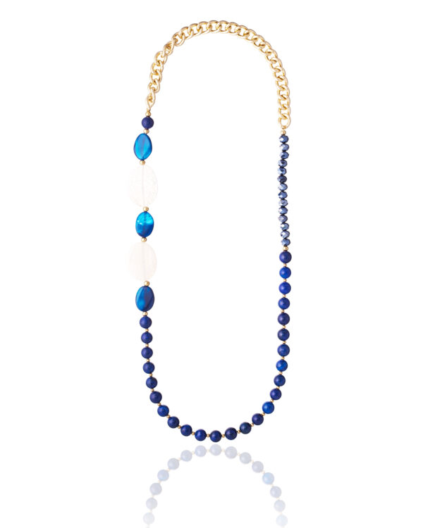 Stylish blue lapis necklace with white agate stones and gold chain