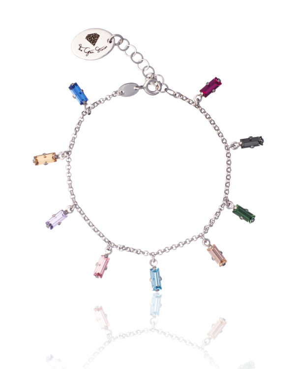 Elegant bracelet featuring rectangular multicolor crystals set in rhodium.