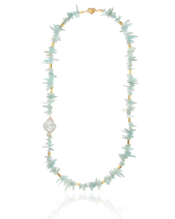 Aquamarine chips necklace with gold accents and a unique pendant