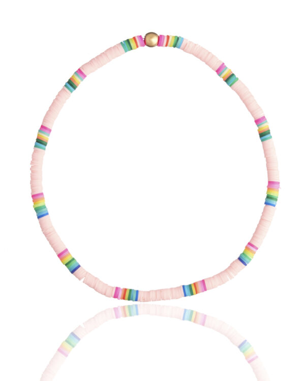 Pink surf necklace with multicolored beads and a beach-inspired design.