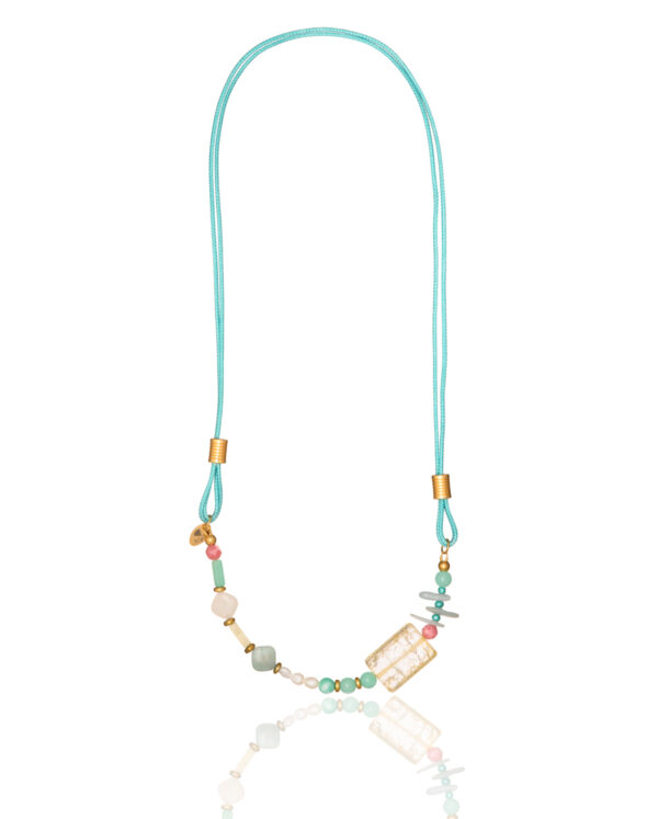 Multicolored pastel gemstone necklace with turquoise cord, known as Pastel Harmony Gemstone Necklace.
