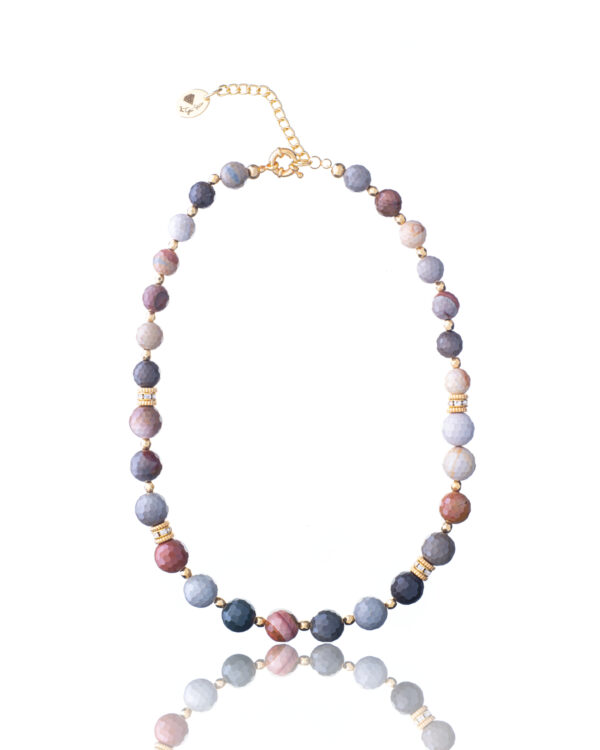 Mookaite Jasper necklace with multicolored beads and gold accents