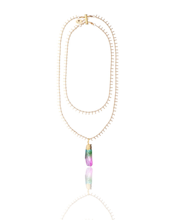 Double chain necklace with a colorful tourmaline pendant