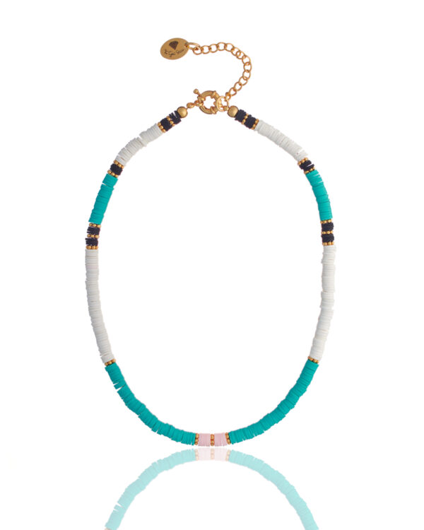Turquoise and white surf necklace displayed