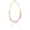 Necklace with colorful agate gems and gold chain accents.