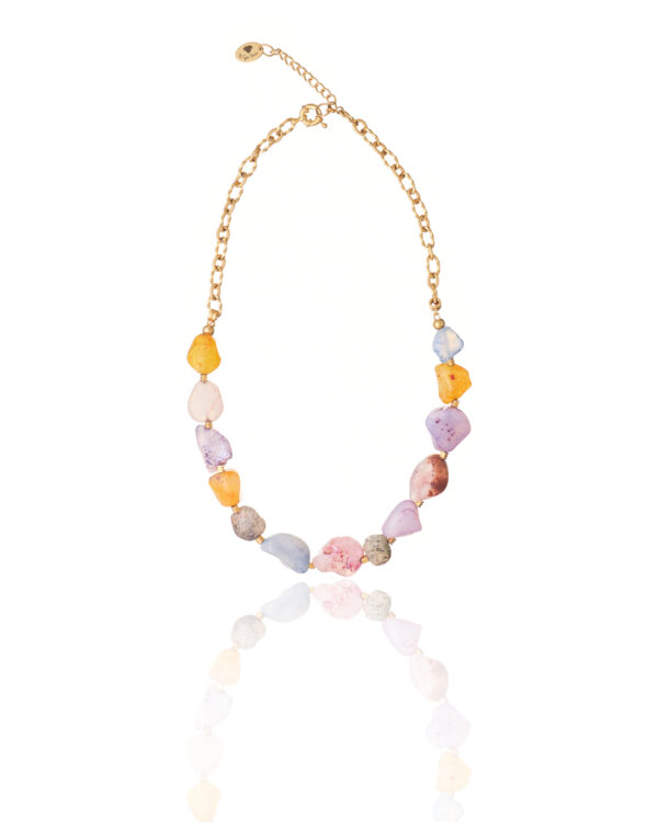 Necklace with colorful agate gems and gold chain accents.