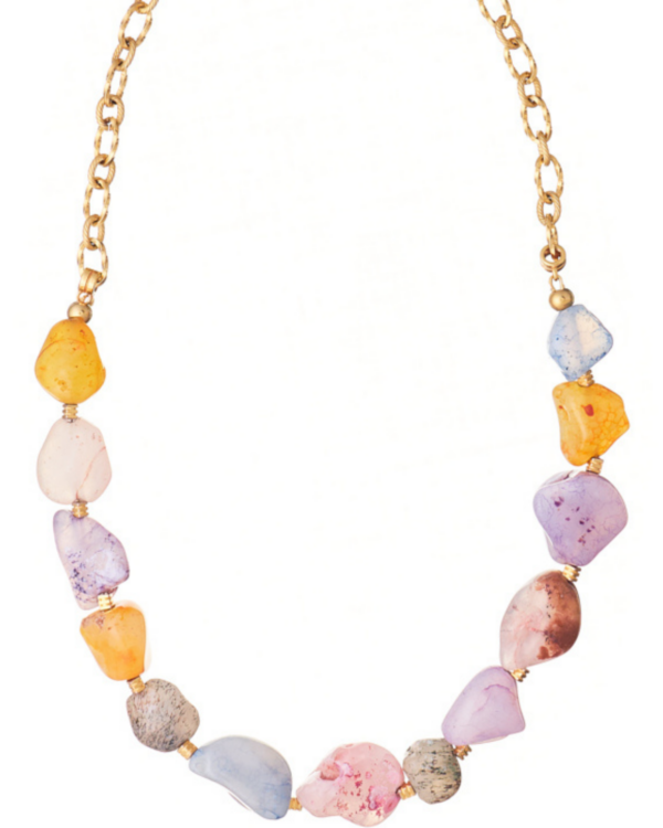 Colourful Agate Gems necklace with vibrant stones and a gold chain.