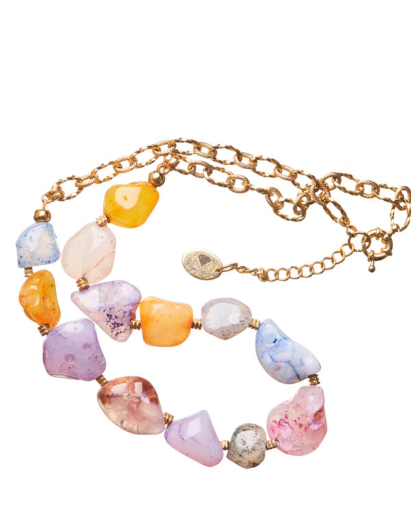 Necklace with multicolored agate gemstones and a gold chain, known as Colourful Agate Gems Necklace.