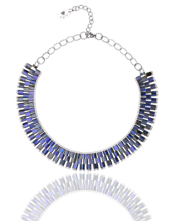 Miyuki necklace with lapis lazuli beads in a layered design and silver chain.