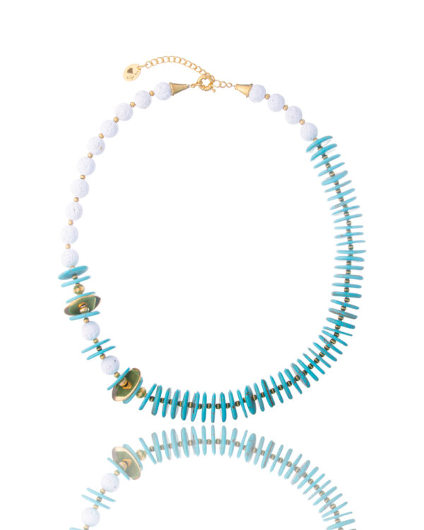 Turquoise rondelle and white lava bead necklace with gold accents