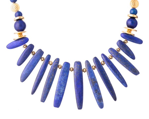Close-up of Lapis Lazuli Sticks Necklace with Gold Accents