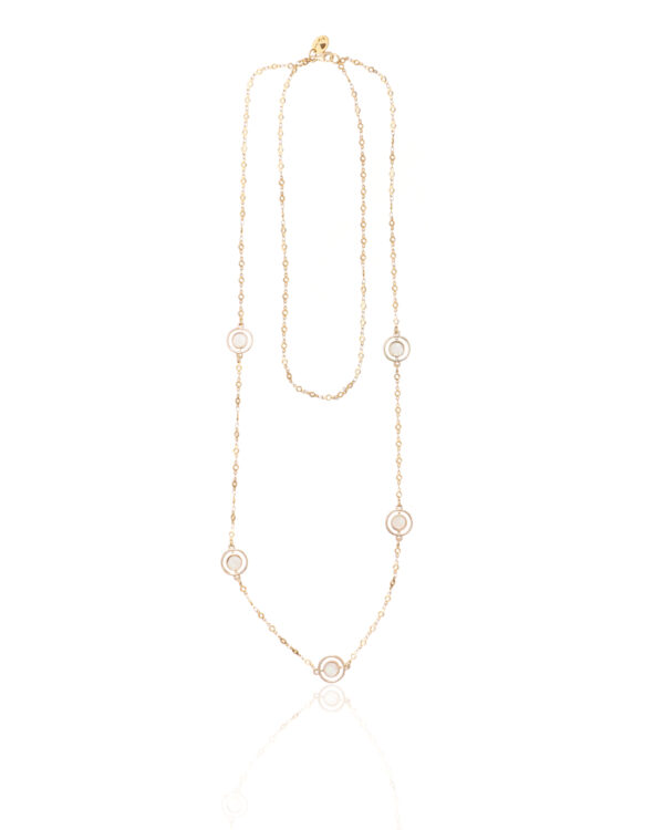 Elegant long necklace with five round diamond-studded elements on a delicate gold chain.