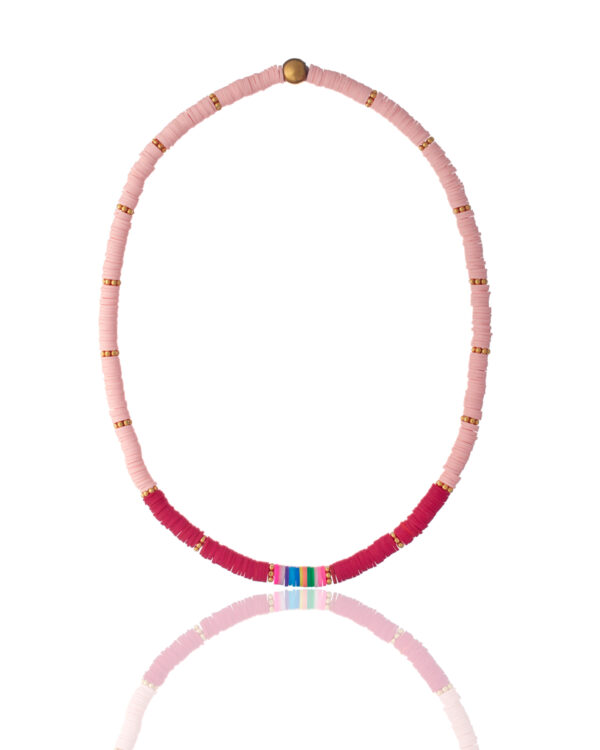 Shades of pink surf necklace displayed