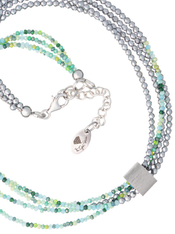 Green hematite necklace with four layers and varying shades of green
