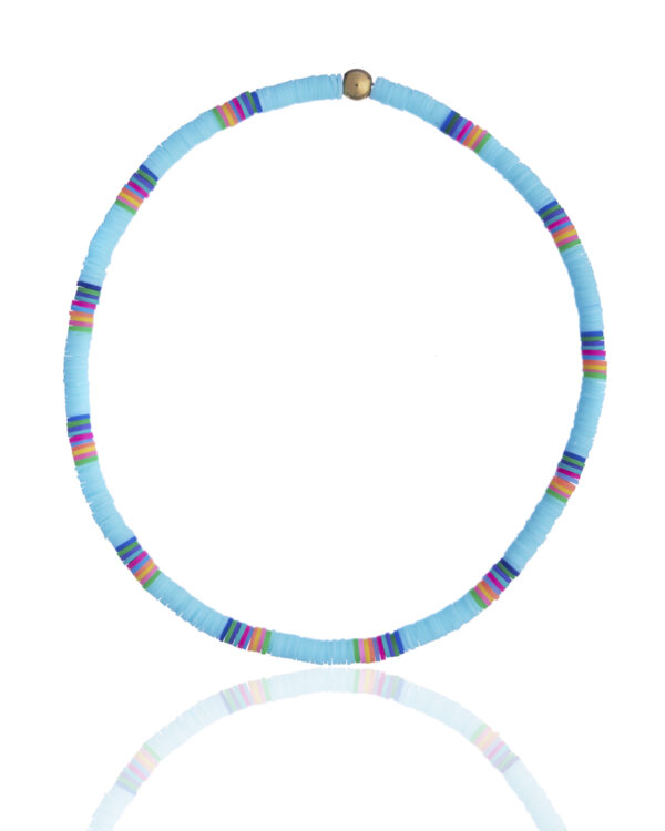 Light blue surf necklace with multicolored accents on a white background