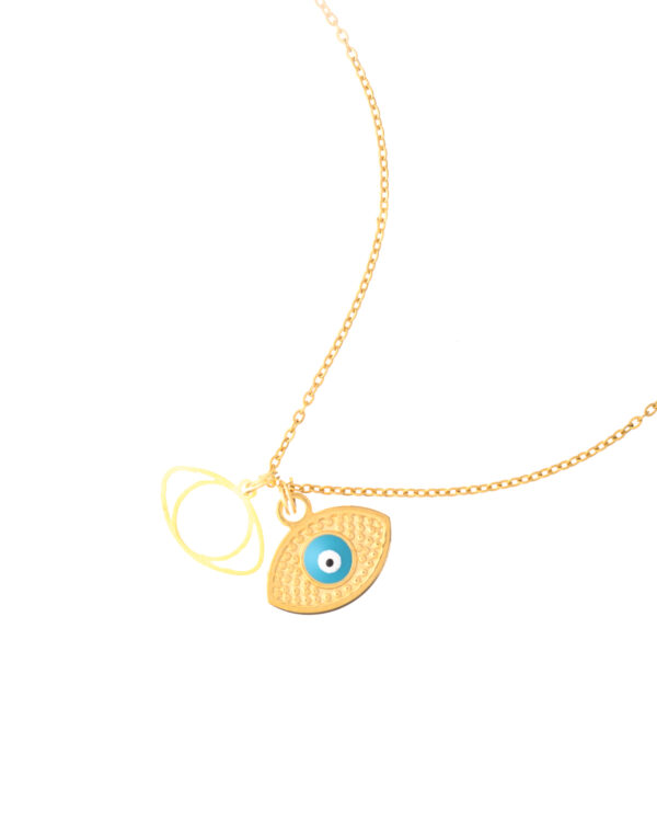 Gold double eye necklace with a delicate chain and two eye-shaped pendants