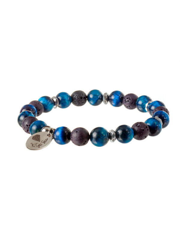 Close-up view of a Blue Tiger Eye and Lava Bracelet, showcasing its intricate details and natural beauty.