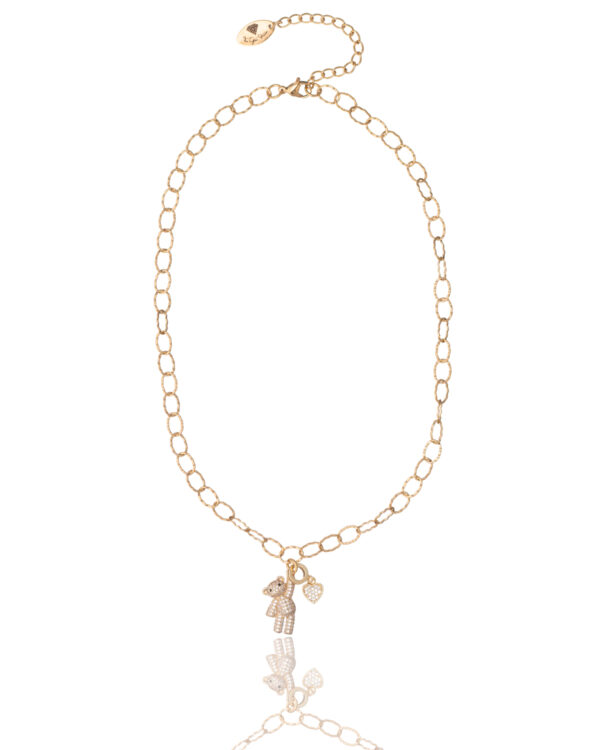 Gold necklace with a teddy bear and heart charm encrusted with crystals