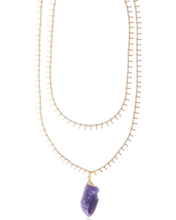 Double chain necklace with a raw amethyst pendant