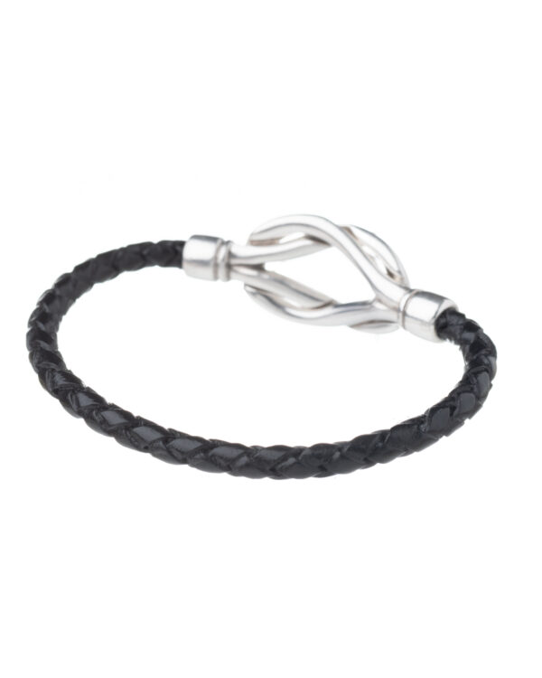 Black Braid Leather Bracelet with Silver Clasp