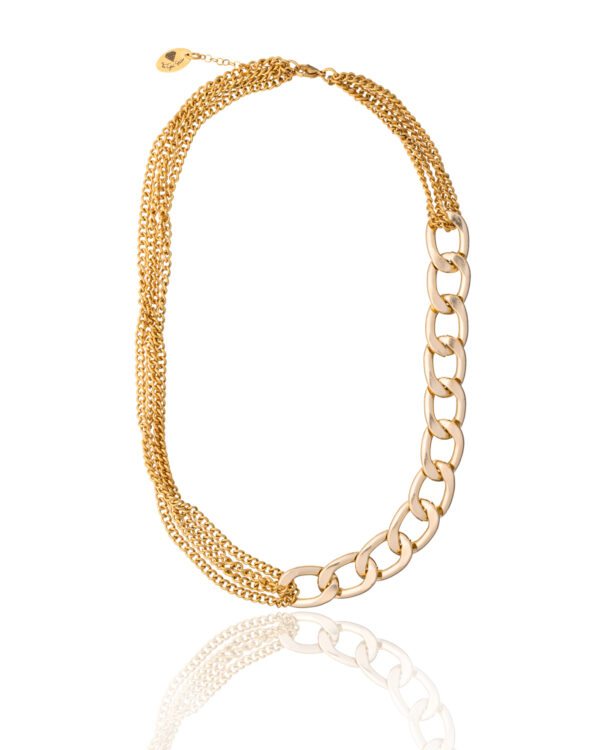 Gold link necklace with a combination of large and small interlocking chains.