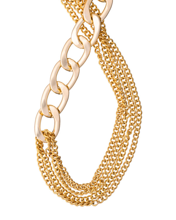 Gold link necklace with a combination of thick and delicate chain designs.