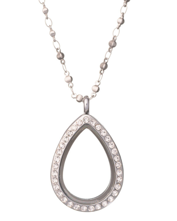 Close-up of a 30mm rhodium plated teardrop floating memory locket with sparkling crystals, hanging on a beaded chain