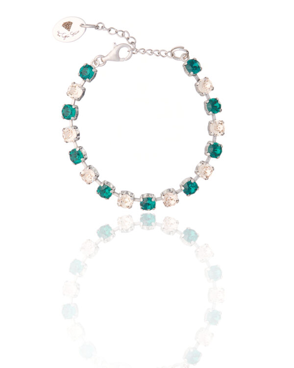 Rhodium cupchain bracelet with emerald and golden shadow crystals.