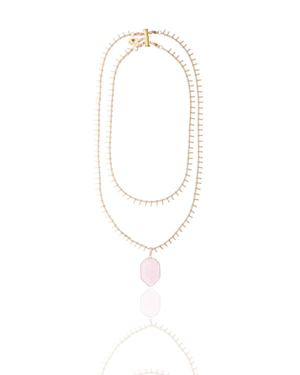 Double chain necklace with a pink quartz pendant