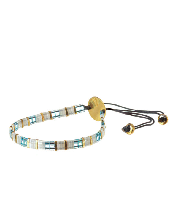 Handcrafted Bracelet with Light Blue, White, and Gold Miyuki Tila Beads