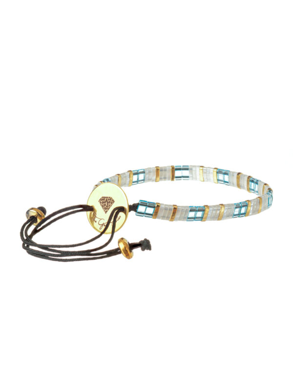 Chic Bracelet with Light Blue, White, and Gold Miyuki Tila Beads