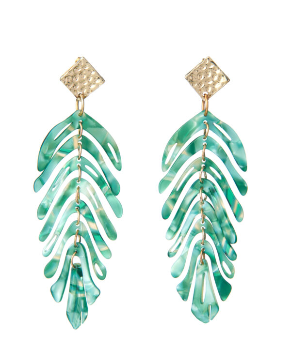 Teal Leaf-Shaped Cascading Earrings with Textured Gold Square