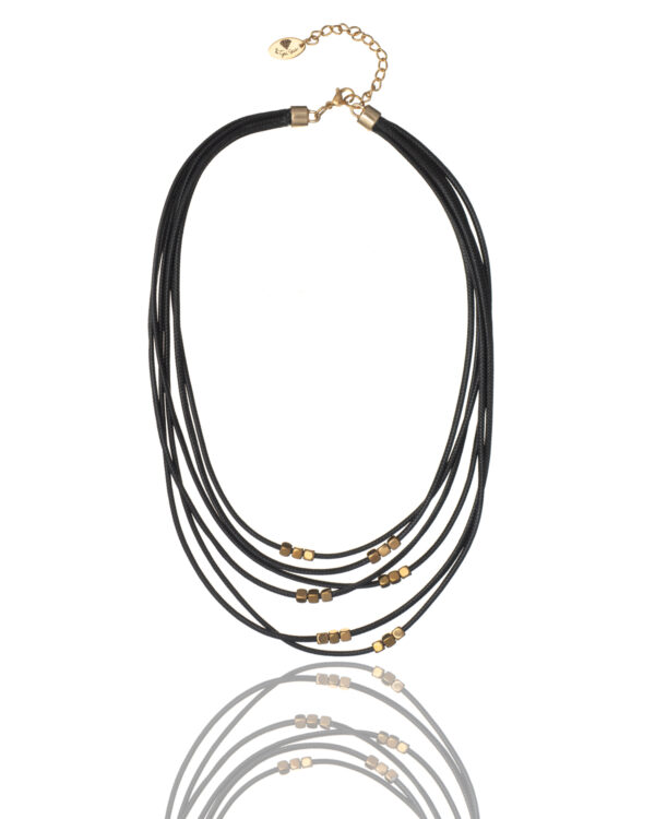 Layered black leather necklace with gold beads