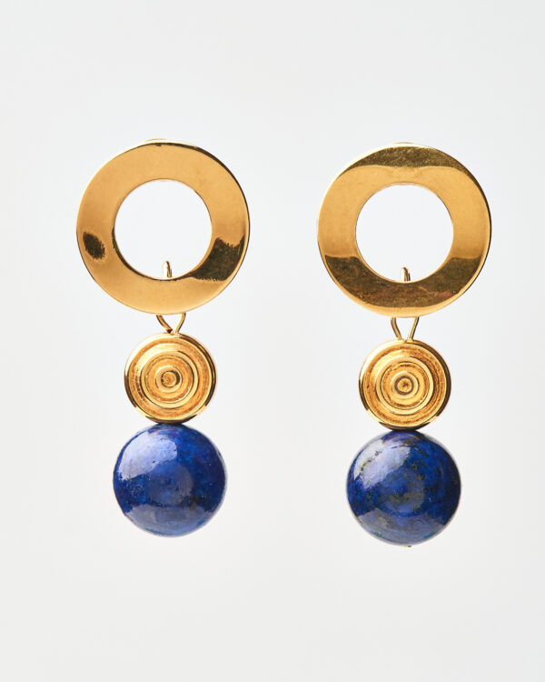 Gold Textured Lapis Lazuli Round Earrings