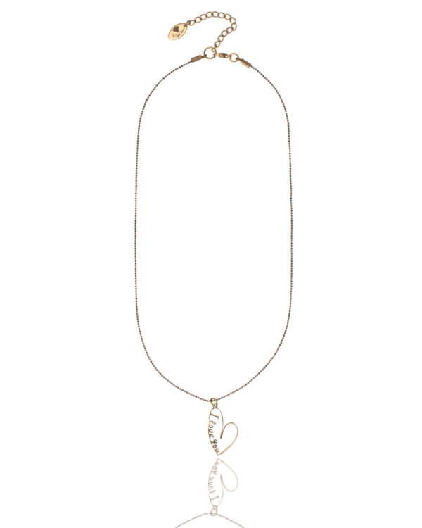 Delicate gold necklace with a heart-shaped pendant inscribed with "I Love You"