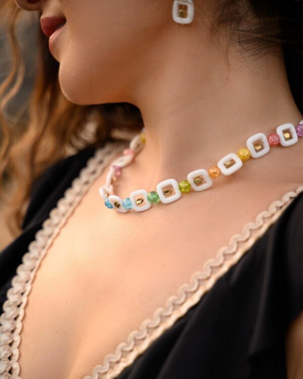 Colorful Crackle Crystals And Square Agate Jewelry Set - Fashion Accessories