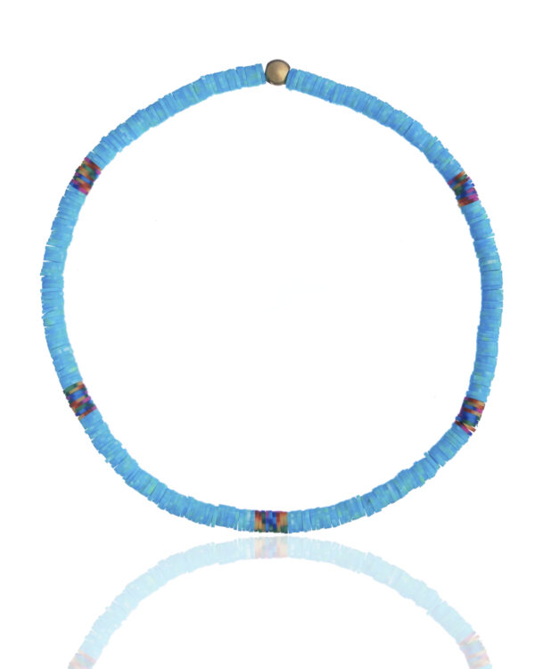 Colorful light blue surf necklace with multicolored accents on a white background