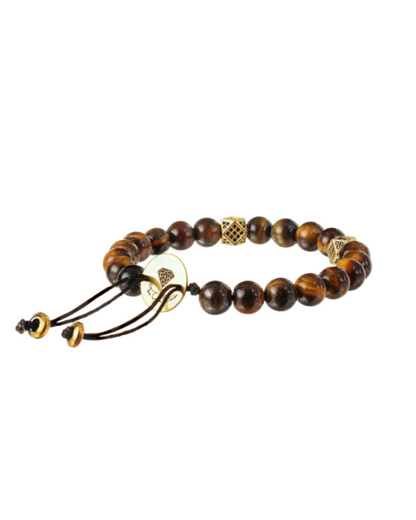 Close-up view of a dazzling tiger eye gemstone showcasing its intricate patterns and rich colors.
