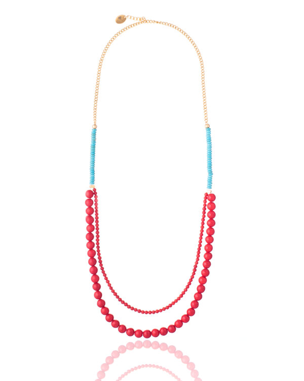 Red and light blue turquoise necklace on white background